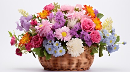 Isolated on white background, a bright flower bouquet in a basket.
