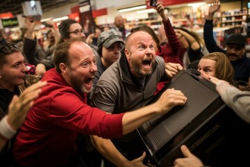 A crowd of people storms a store on Black Friday. Portrait with selective focus and copy space