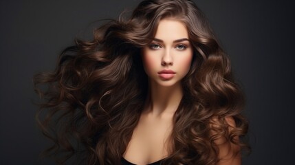 Fototapeta premium Brunette woman with long, lustrous wavy hair Lovely model with curly hairstyle.