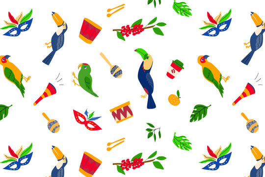 seamless pattern with parrots, toucans, mask
