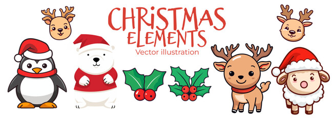 Obraz na płótnie Canvas Cute and Colorful Flat Design Christmas Animals for Children: Polar Bear, Reindeer, Penguin, and Sheep - Transparent Background