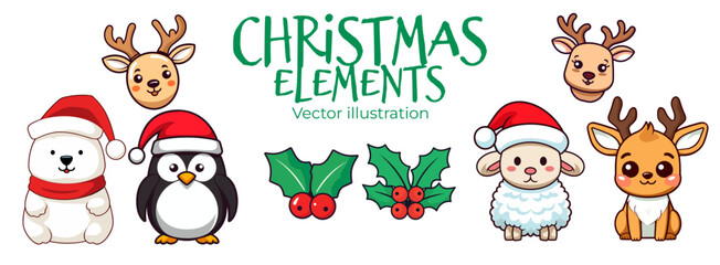 Flat Design Cartoon Collection of Colorful Christmas Animals for Kids: Polar Bear, Reindeer, Penguin, and Sheep - Transparent Background