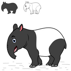 Tapir Cartoon illustration with line art and silhouette