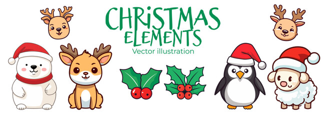 Christmas Collection of Cute Animals in Flat Design for Kids: Polar Bear, Reindeer, Penguin, and Sheep - Transparent Background
