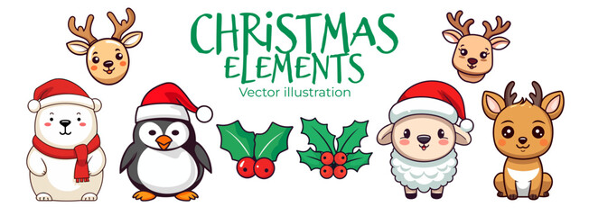 Adorable Christmas Animal Collection in Flat Design for Children: Polar Bear, Reindeer, Penguin, and Sheep - Transparent Background