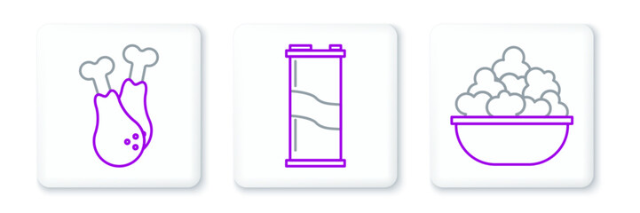 Set line Popcorn in bowl, Chicken leg and Soda can icon. Vector