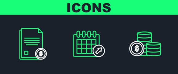 Set line Coin money with dollar symbol, Finance document and Calendar icon. Vector
