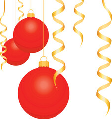 Boules de Noël rouges avec suspensions et serpentins en or - obrazy, fototapety, plakaty