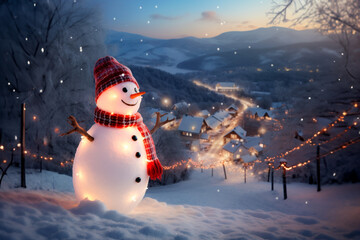 Obraz premium The snowman is smiling, wearing a hat and scarf. Winter New Year and Christmas scene