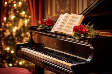 The spirit of Christmas brought to life through vintage carol sheets displayed on a beautiful piano