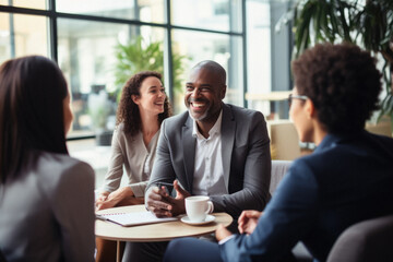Smiling multiethnic businesspeople sitting at table and talking during meeting in office.