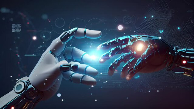 concept of AI helping people, cooperation at work with modern futuristic background, ai generated