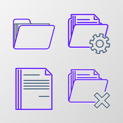 Set line Delete folder, File document, Folder settings with gears and Document icon. Vector