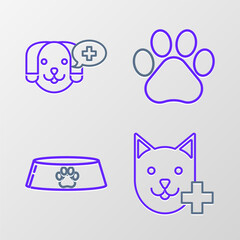 Obraz na płótnie Canvas Set line Veterinary clinic symbol, Pet food bowl for cat or dog, Paw print and icon. Vector