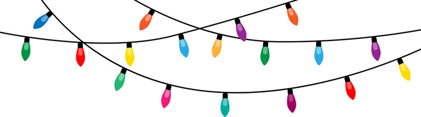 Christmas lights. Colorful garland. Christmas light string. Christmas light bulbs for decoration .Christmas garland seamless border. - obrazy, fototapety, plakaty