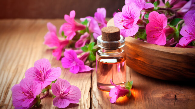 Geranium essential oil in a bottle. Generative AI,