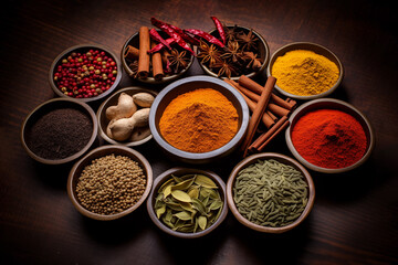 Assortment set of colorful spices and seeds in bowls on wooden table background, spicy and ethnic food concept