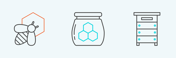 Set line Hive for bees, Bee and honeycomb and Jar of icon. Vector