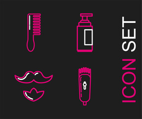 Set line Electrical hair clipper or shaver, Mustache and beard, Cream lotion cosmetic tube and Hairbrush icon. Vector