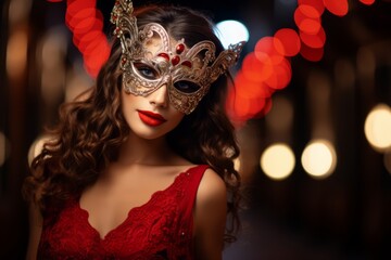 Christmas Elegance: Lady with Festive Mask and Sparkling Holiday Makeup - obrazy, fototapety, plakaty
