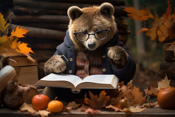 Bear with glasses reading a book