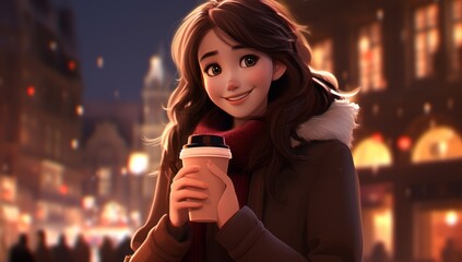 A Serene Moment: Woman Savors Coffee in the Vibrant City Lights