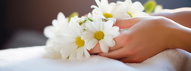 Fototapeta na wymiar Women hands with flowers spa salon. Generative AI,