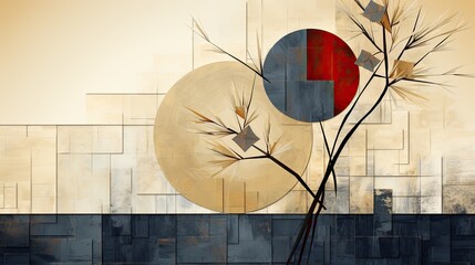 AI-generated abstract geometric illustration in winter holiday colors. Zen asymmetry with branches and orbs. MidJourney.
