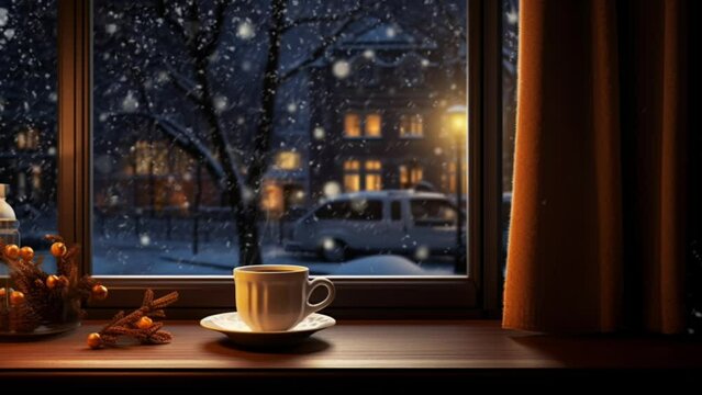 A warm cup of coffee by the window with a view of the snow falling outside. seamless looping virtual video animation background