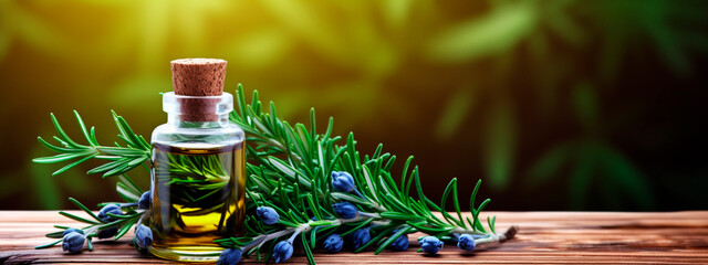 Juniper essential oil in a bottle. Generative AI, - obrazy, fototapety, plakaty