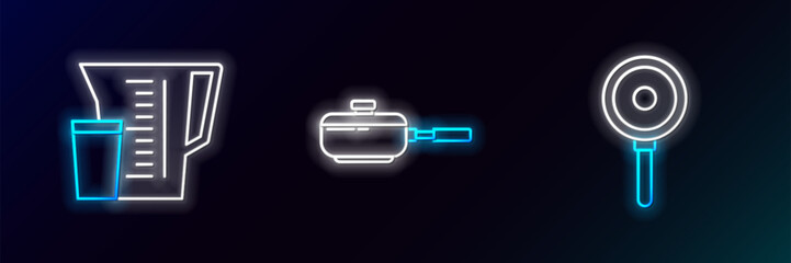 Set line Frying pan, Measuring cup and icon. Glowing neon. Vector