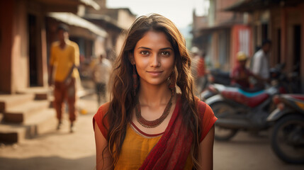 Bellissima giovane ragazza indiana vestita con abiti tradizionali in una strada di un villaggio in India - obrazy, fototapety, plakaty