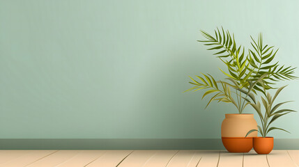Une plante verte avec des feuilles allongées dans un pot en terre cuite, posée sur un sol en bois contre un mur vert. - obrazy, fototapety, plakaty