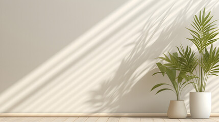 Une plante verte avec des feuilles de palme dans un pot en terre cuite, posée sur un sol en bois contre un mur blanc. - obrazy, fototapety, plakaty