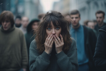 A scared girl on a road with many people. Social anxiety disorder. social phobia. a person with fear of being watched and judged by others. - obrazy, fototapety, plakaty