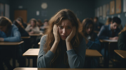 A scared student girl in a class room with other students in class. Social anxiety disorder. social phobia. person with fear of being watched and judged by others.  - obrazy, fototapety, plakaty