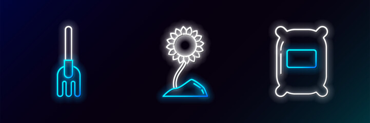 Set line Bag of flour, Garden rake and Sunflower icon. Glowing neon. Vector