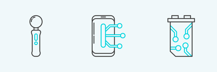Obraz premium Set line Video graphic card, Gamepad and Smartphone, mobile phone icon. Vector