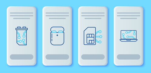 Set line Air headphones in box, Sim card, Video graphic and Laptop icon. Vector