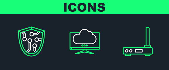 Fototapeta premium Set line Router and wi-fi signal, Cyber security and Computer monitor screen icon. Vector