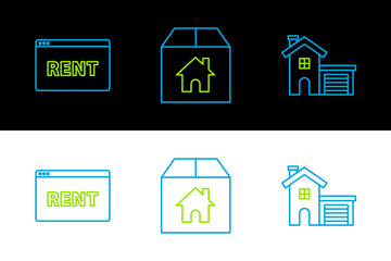 Set line House, Hanging sign with text Online Rent and Cardboard box house icon. Vector