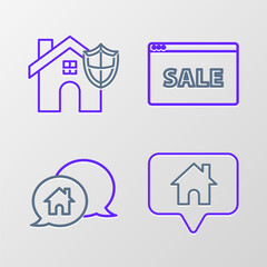 Set line Map pointer with house, House building speech bubble, Hanging sign text Online Sale and shield icon. Vector