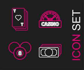 Set line Stacks paper money cash, Billiard pool snooker 8 ball, Casino signboard and Playing card with heart icon. Vector