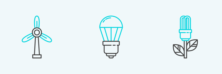 Obraz premium Set line Light bulb with leaf, Wind turbine and LED light icon. Vector