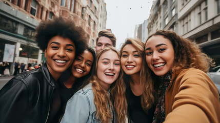 friend taking selfie in city