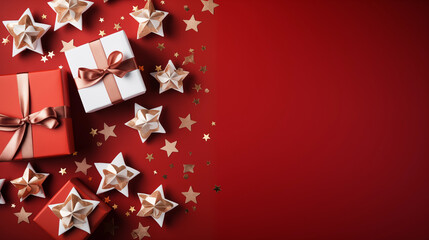Christmas composition. Christmas gifts and stars  on red festive background