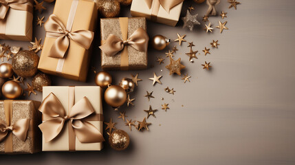 Christmas composition. Christmas gifts with stars and christmass balls on beige background