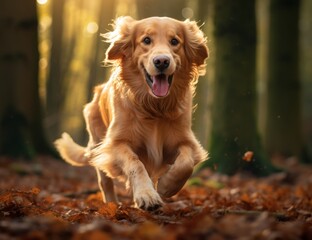 Golden Dreams: A Majestic Golden Retriever Frolicking in the Enchanting Autumn Forest