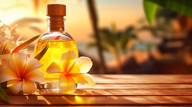 Monoi de Tahiti essential oil in a bottle. Generative AI,