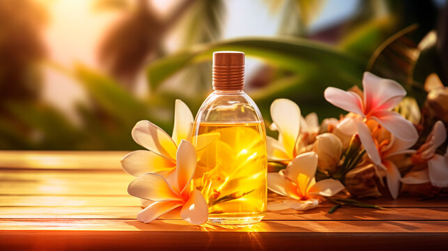 Monoi de Tahiti essential oil in a bottle. Generative AI,